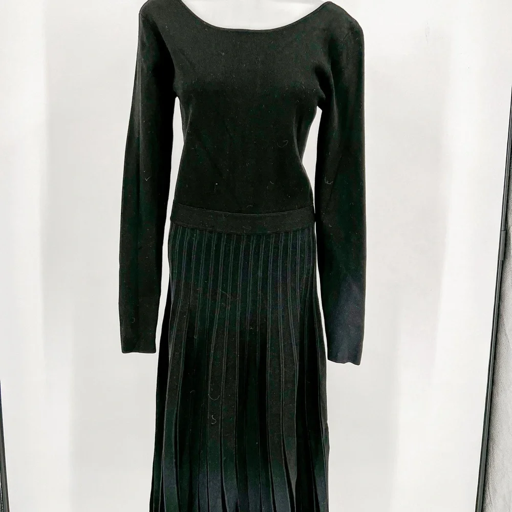 TORY BURCH Florence Dress Black Knit Softly Pleated Midi Bateau Neck